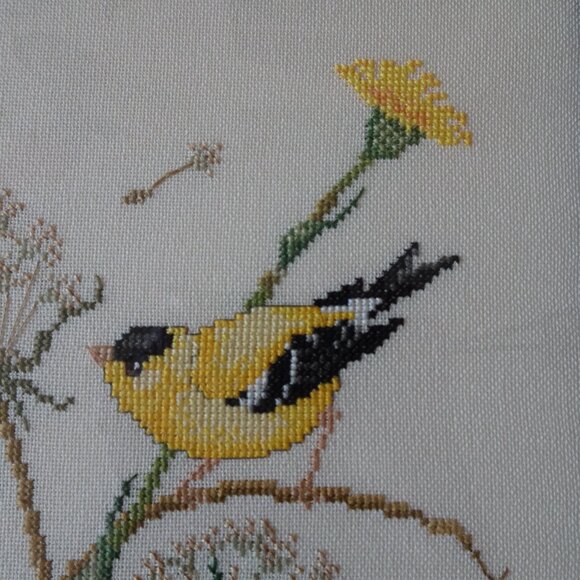 Vintage Framed Bird Embroidery Cross Stitch Canary Design 10"x13" Yellow Green - Picture 3 of 10